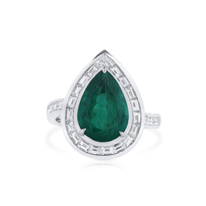 18K White Gold Statement Ring With 3.40 TCW Pear Shape Natural Emerald, GRS Certified