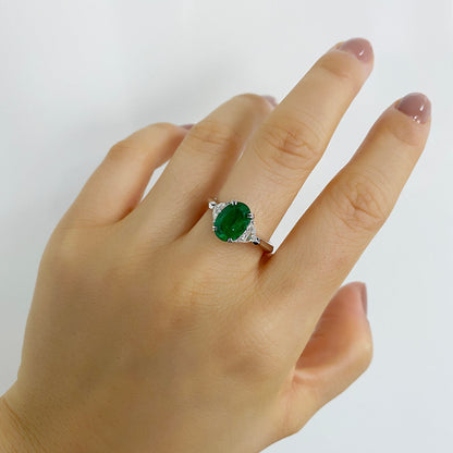 18K White Gold Statement Ring With 1.83 TCW Oval Shape Natural Emerald, GRS Certified