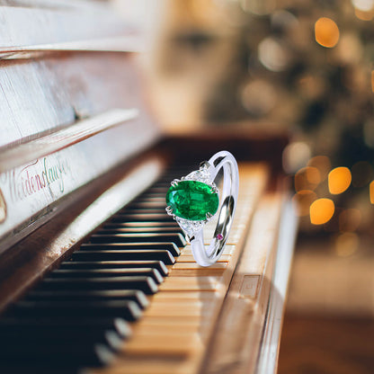 18K White Gold Statement Ring With 1.83 TCW Oval Shape Natural Emerald, GRS Certified