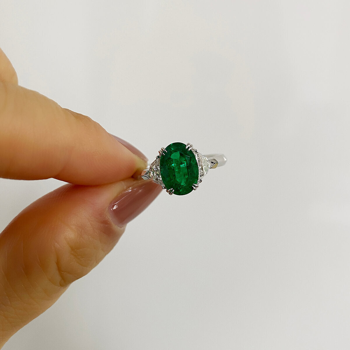 18K White Gold Statement Ring With 1.83 TCW Oval Shape Natural Emerald, GRS Certified