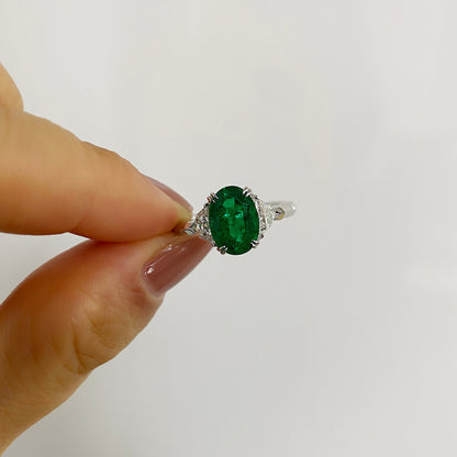 18K White Gold Statement Ring With 1.83 TCW Oval Shape Natural Emerald, GRS Certified