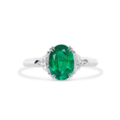 18K White Gold Statement Ring With 1.83 TCW Oval Shape Natural Emerald, GRS Certified