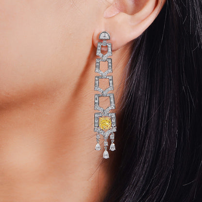 18K White Gold Statement Earrings With 3.19 TCW Yellow Cushion Shape Natural Diamond, GIA Certified