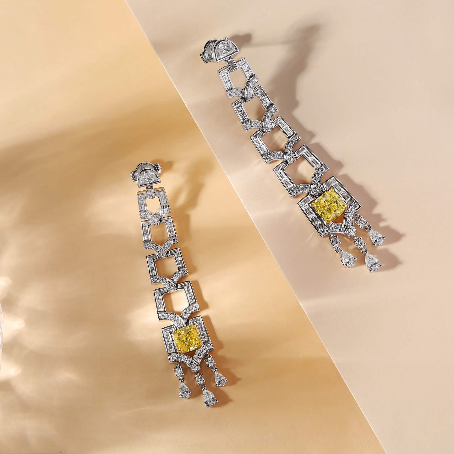 18K White Gold Statement Earrings With 3.19 TCW Yellow Cushion Shape Natural Diamond, GIA Certified