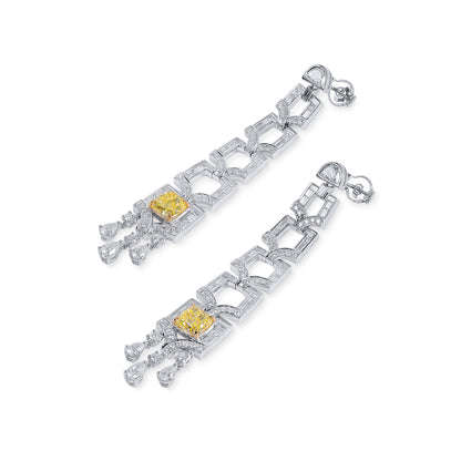 18K White Gold Statement Earrings With 3.19 TCW Yellow Cushion Shape Natural Diamond, GIA Certified