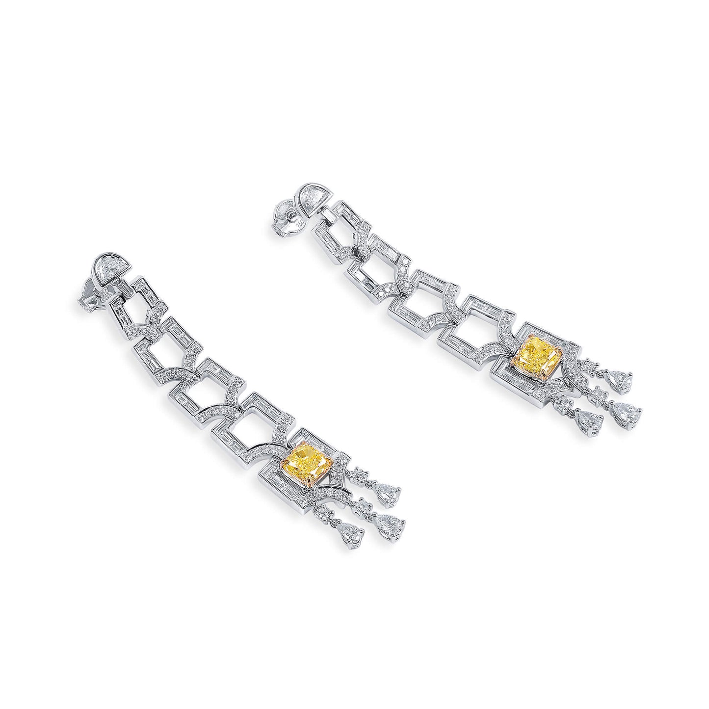 18K White Gold Statement Earrings With 3.19 TCW Yellow Cushion Shape Natural Diamond, GIA Certified