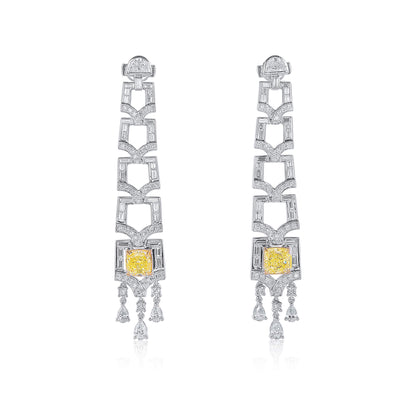 18K White Gold Statement Earrings With 3.19 TCW Yellow Cushion Shape Natural Diamond, GIA Certified