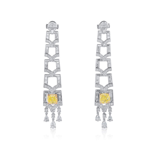 18K White Gold Statement Earrings With 3.19 TCW Yellow Cushion Shape Natural Diamond, GIA Certified