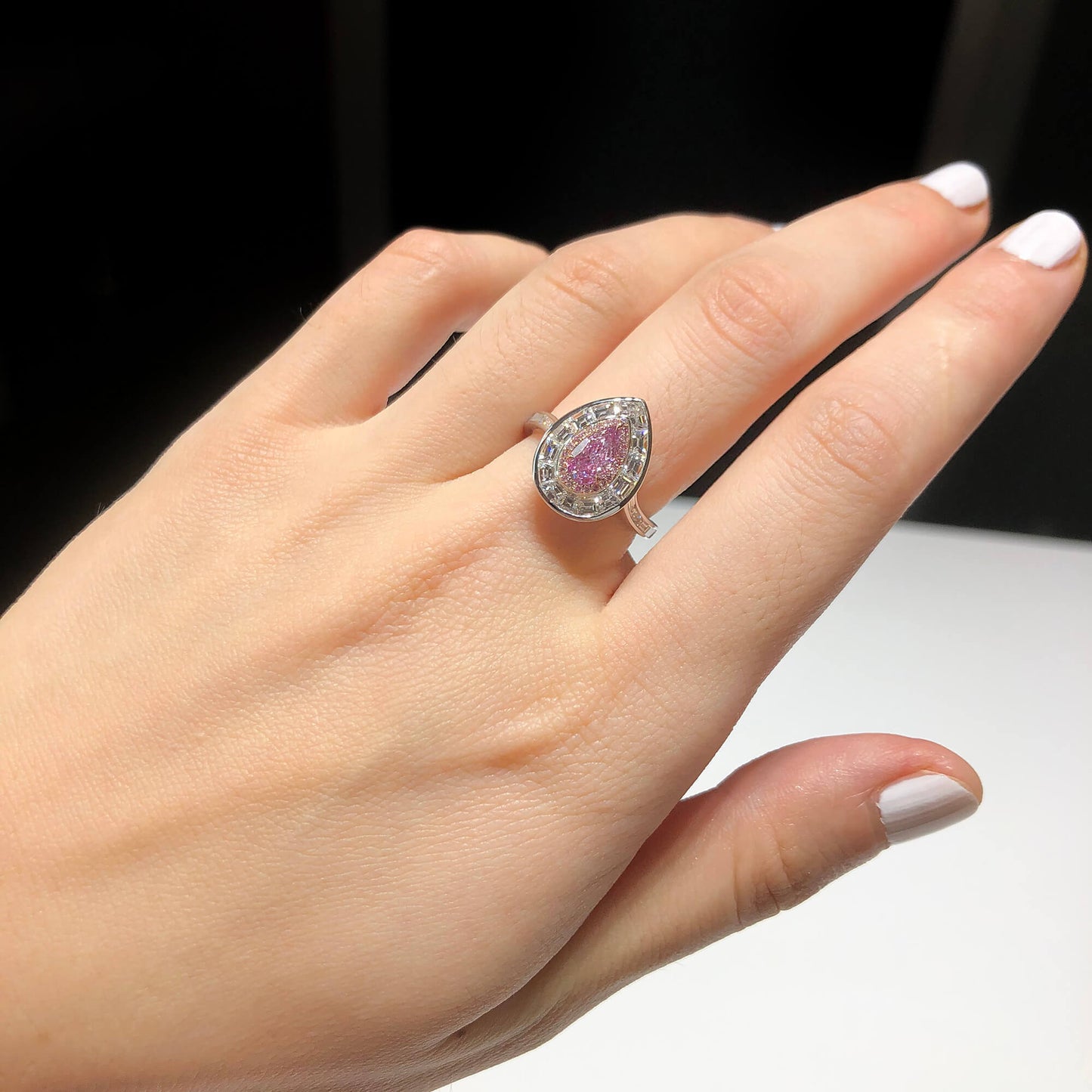 18K White Gold Statement Ring With 0.58 TCW Pink Pear Shape Natural Diamond, GIA Certified