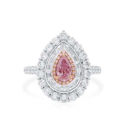 18K White Gold Statement Ring With 0.53 TCW Pink Pear Shape Natural Diamond, GIA Certified