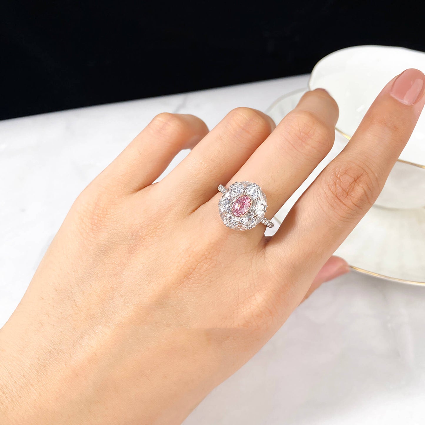18K White & Rose Gold Statement Ring With 0.51 TCW Pink Oval Shape Natural Diamond, GIA Certified