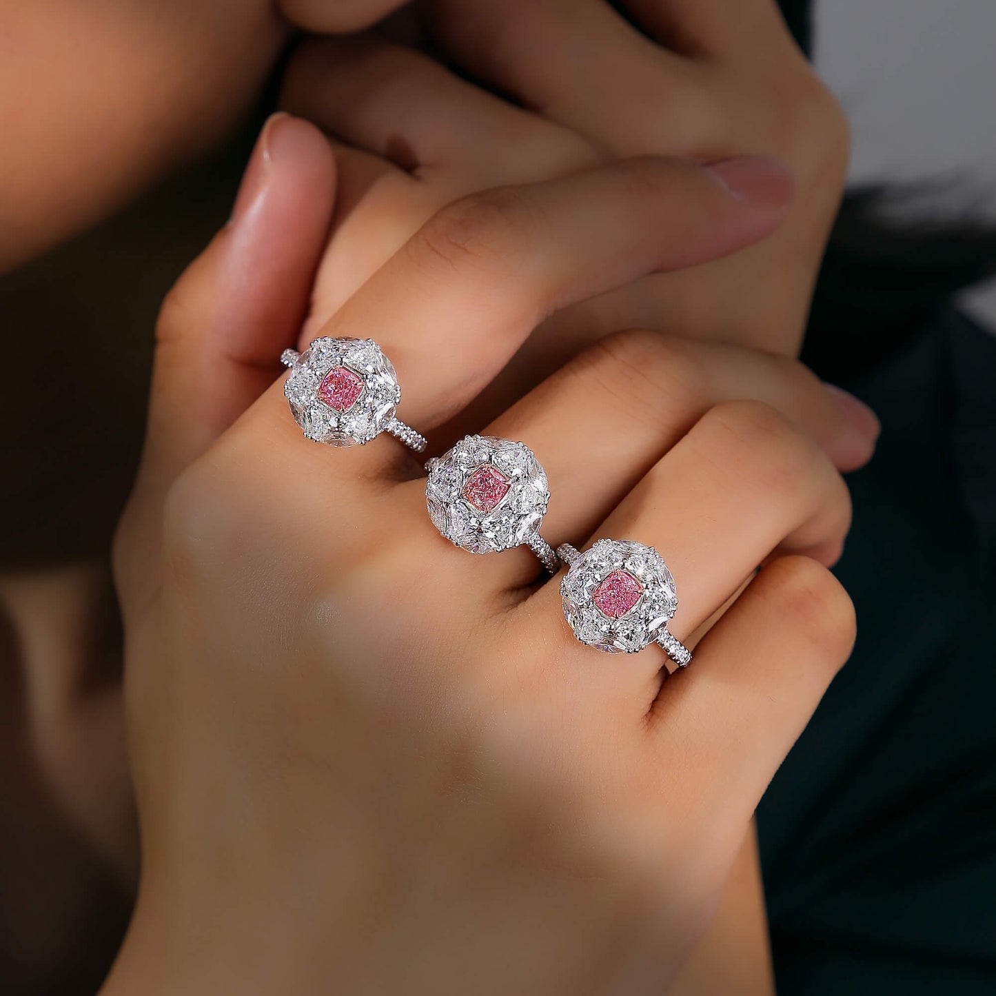 18K White & Rose Gold Statement Ring With 0.51 TCW Pink Cushion Shape Natural Diamond, GIA Certified