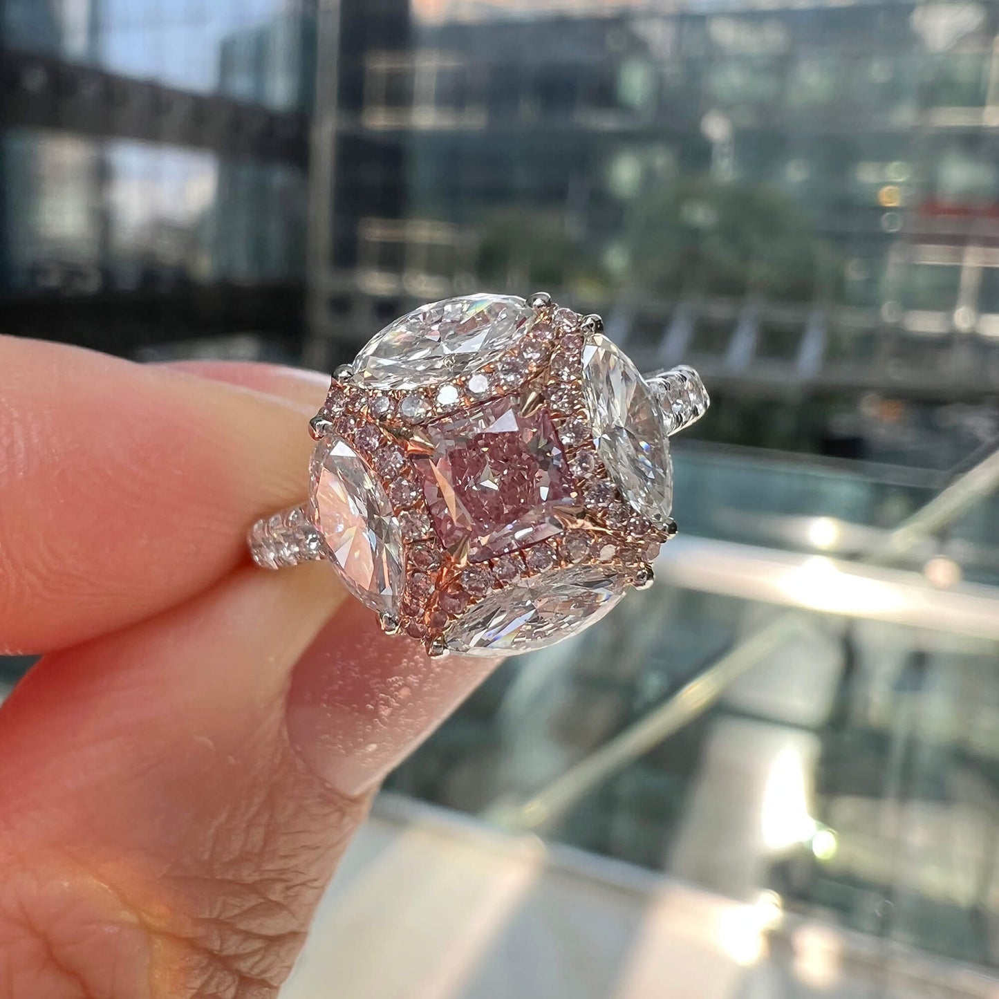 18K White & Rose Gold Statement Ring With 0.48 TCW Pink Radiant Shape Natural Diamond, GIA Certified