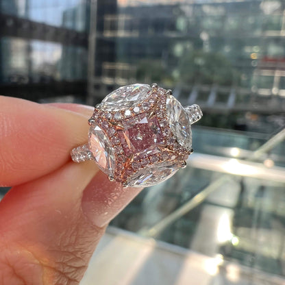 18K White & Rose Gold Statement Ring With 0.48 TCW Pink Radiant Shape Natural Diamond, GIA Certified