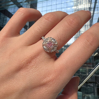 18K White & Rose Gold Statement Ring With 0.48 TCW Pink Radiant Shape Natural Diamond, GIA Certified