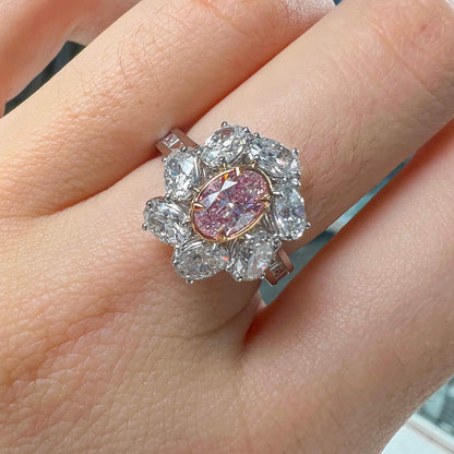 18K White & Rose Gold Statement Ring With 0.50 TCW Pink Oval Shape Natural Diamond, GIA Certified