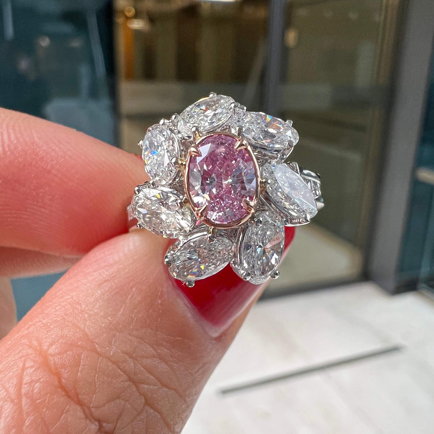 18K White & Rose Gold Statement Ring With 0.50 TCW Pink Oval Shape Natural Diamond, GIA Certified