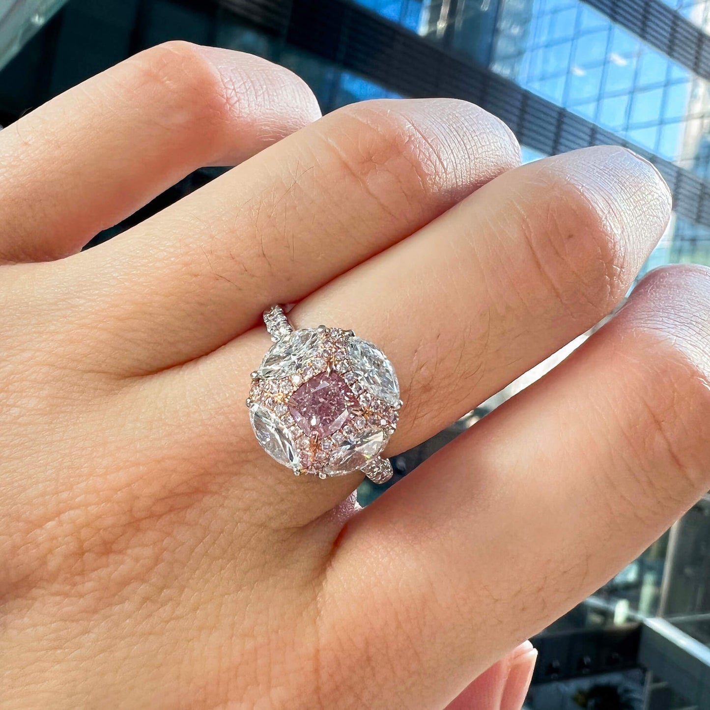 18K White & Rose Gold Statement Ring With 0.70 TCW Pink Cushion Shape Natural Diamond, GIA Certified