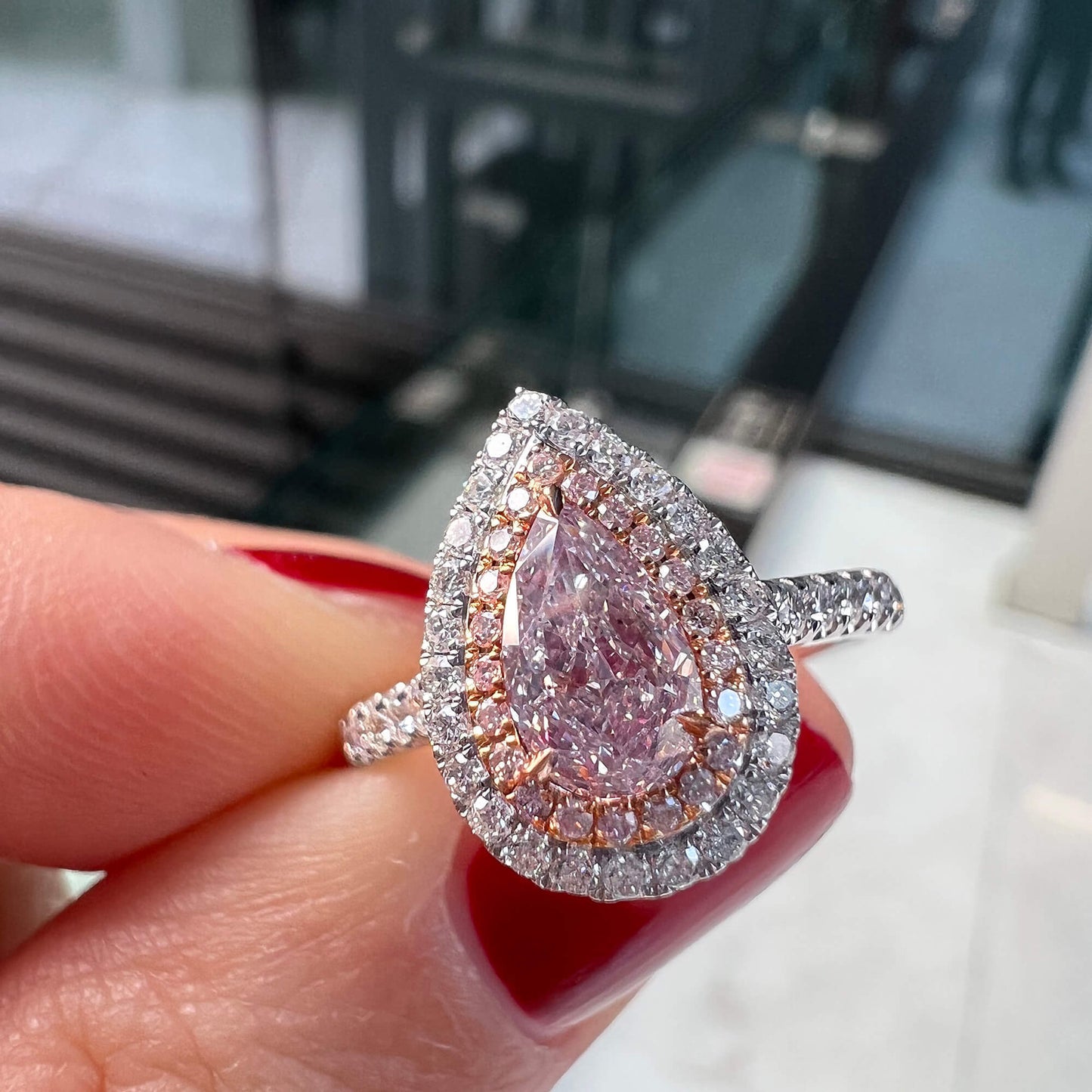 18K White & Rose Gold Statement Ring With 0.68 TCW Pink Pear Shape Natural Diamond, GIA Certified