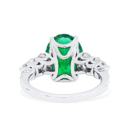 18K White Gold Statement Ring With 4.41 TCW Oval Shape Natural Emerald, GRS Certified
