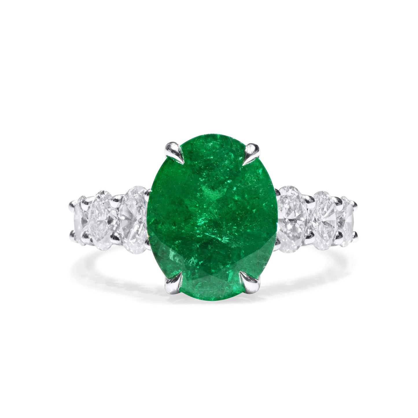 18K White Gold Statement Ring With 4.41 TCW Oval Shape Natural Emerald, GRS Certified