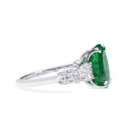 18K White Gold Statement Ring With 4.41 TCW Oval Shape Natural Emerald, GRS Certified