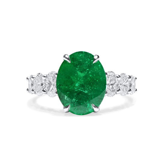 18K White Gold Statement Ring With 4.41 TCW Oval Shape Natural Emerald, GRS Certified