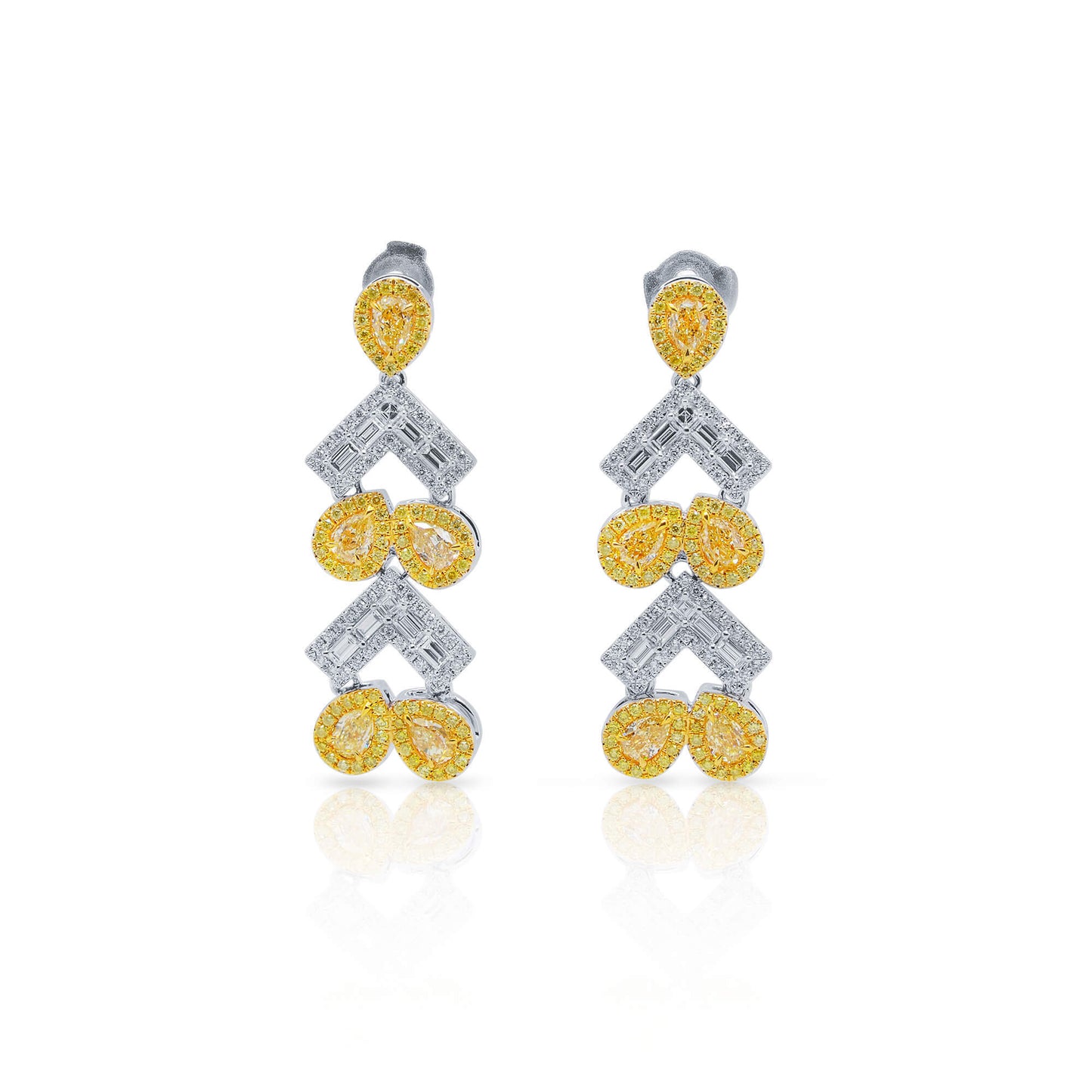 18K White Gold Statement Earrings With 2.74 TCW Yellow Pear Shape Natural Diamond, EG_LAB Certified