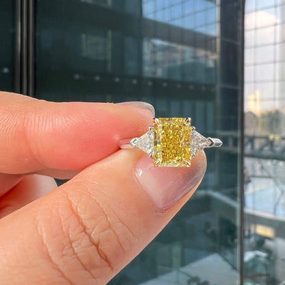 18K White Gold Statement Ring With 2.01 TCW Yellow Radiant Shape Natural Diamond, GIA Certified