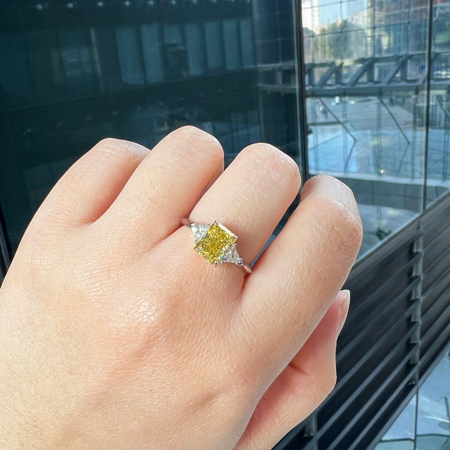 18K White Gold Statement Ring With 2.01 TCW Yellow Radiant Shape Natural Diamond, GIA Certified