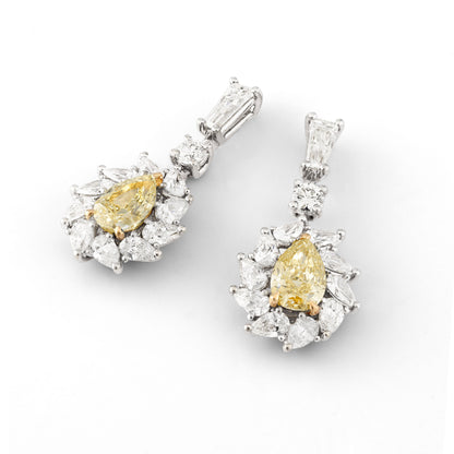 18K White Gold Statement Earrings With 1.43 TCW Yellow Pear Shape Natural Diamond, GIA Certified