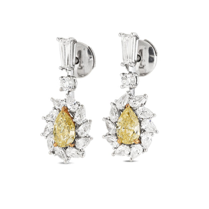 18K White Gold Statement Earrings With 1.43 TCW Yellow Pear Shape Natural Diamond, GIA Certified