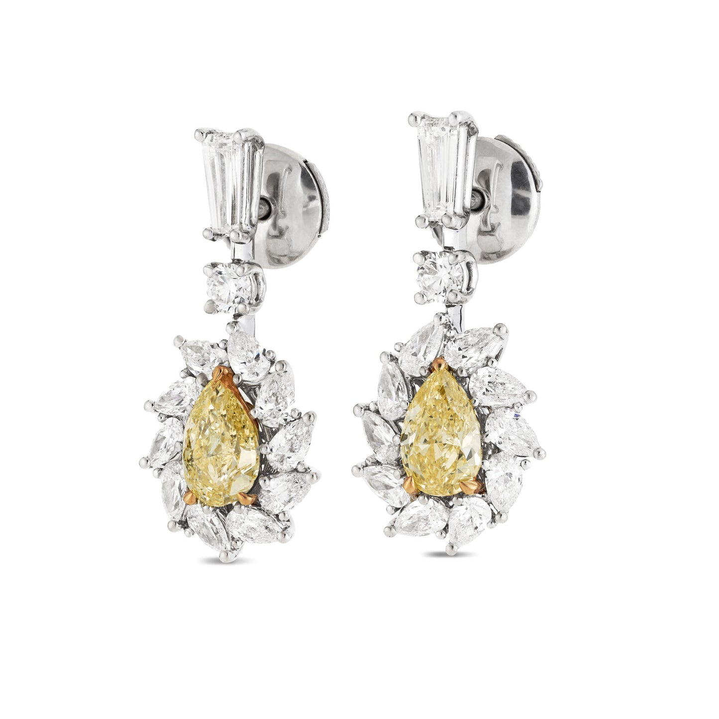 18K White Gold Statement Earrings With 1.43 TCW Yellow Pear Shape Natural Diamond, GIA Certified