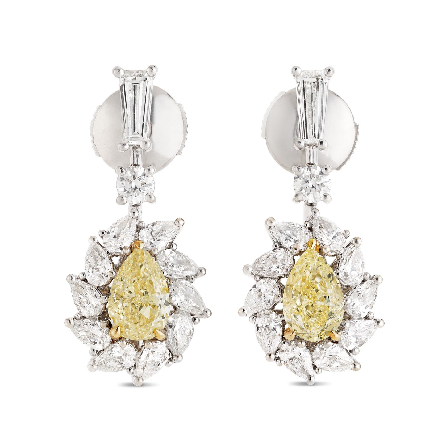 18K White Gold Statement Earrings With 1.43 TCW Yellow Pear Shape Natural Diamond, GIA Certified