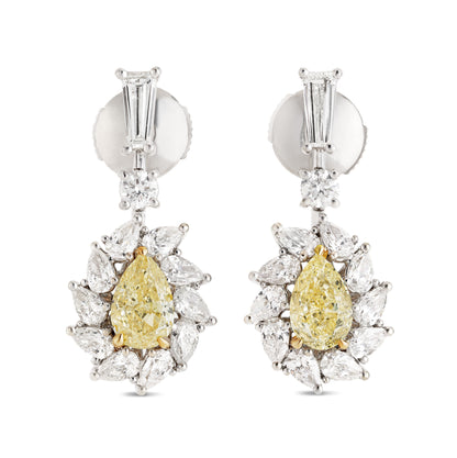 18K White Gold Statement Earrings With 1.43 TCW Yellow Pear Shape Natural Diamond, GIA Certified