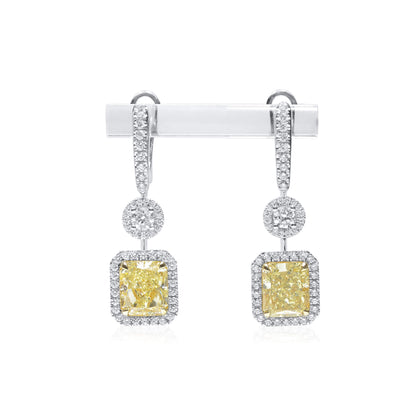 18K White Gold Statement Earrings With 5.14 TCW Yellow Radiant Shape Natural Diamond, GIA Certified