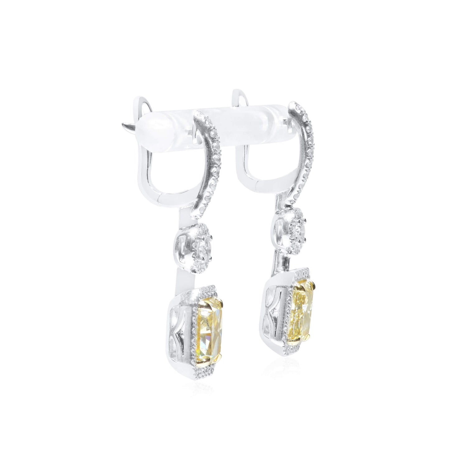 18K White Gold Statement Earrings With 5.14 TCW Yellow Radiant Shape Natural Diamond, GIA Certified