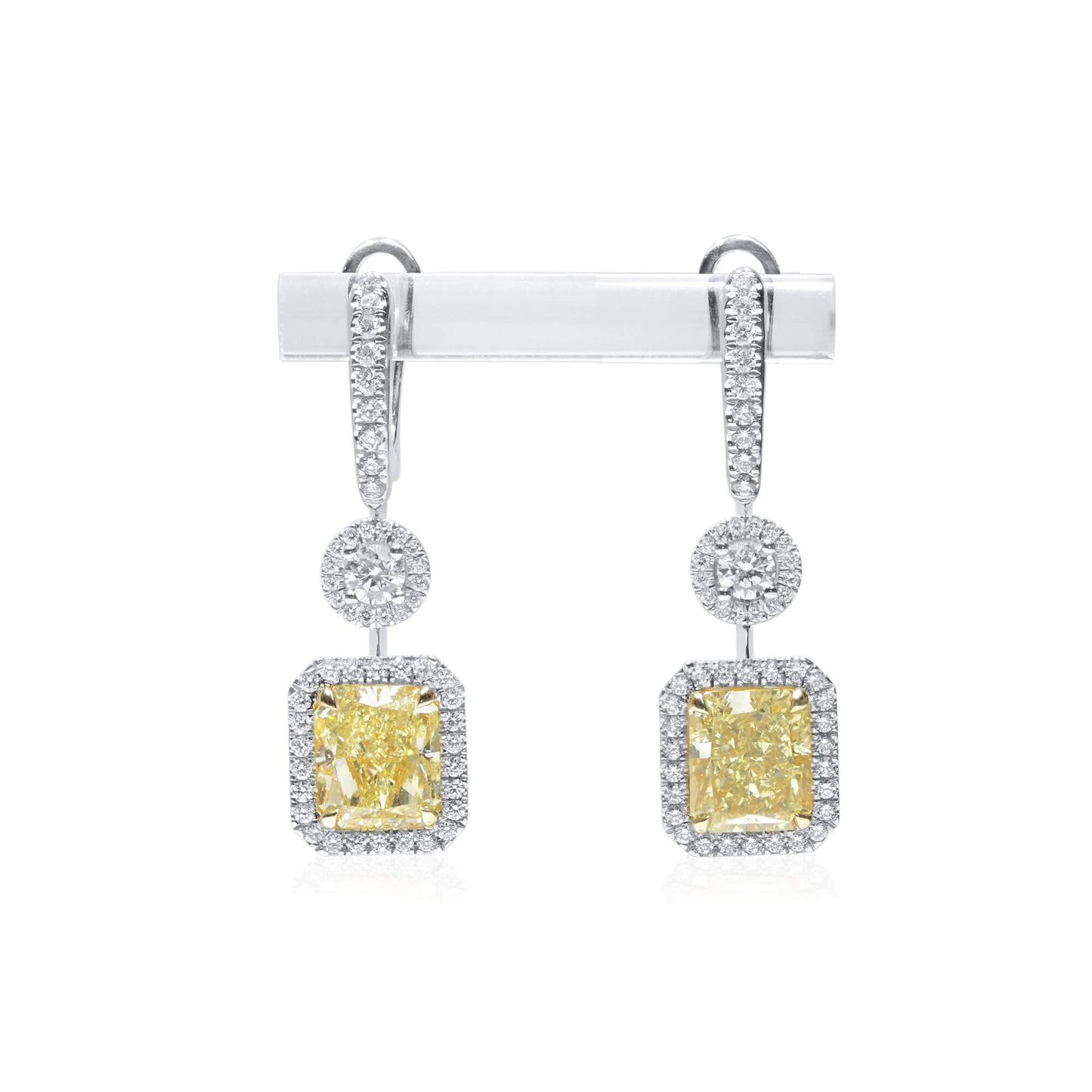 18K White Gold Statement Earrings With 5.14 TCW Yellow Radiant Shape Natural Diamond, GIA Certified