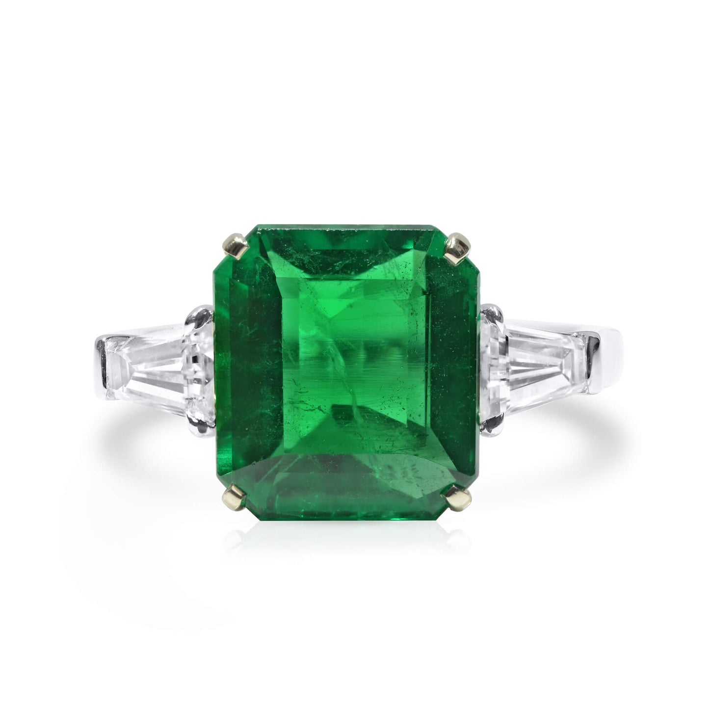 18K White Gold Statement Ring With 5.12 TCW Cushion Shape Natural Emerald, GRS Certified
