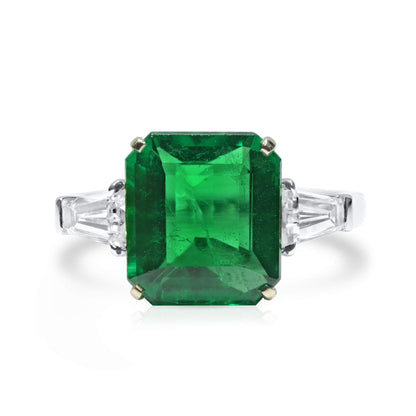 18K White Gold Statement Ring With 5.12 TCW Cushion Shape Natural Emerald, GRS Certified
