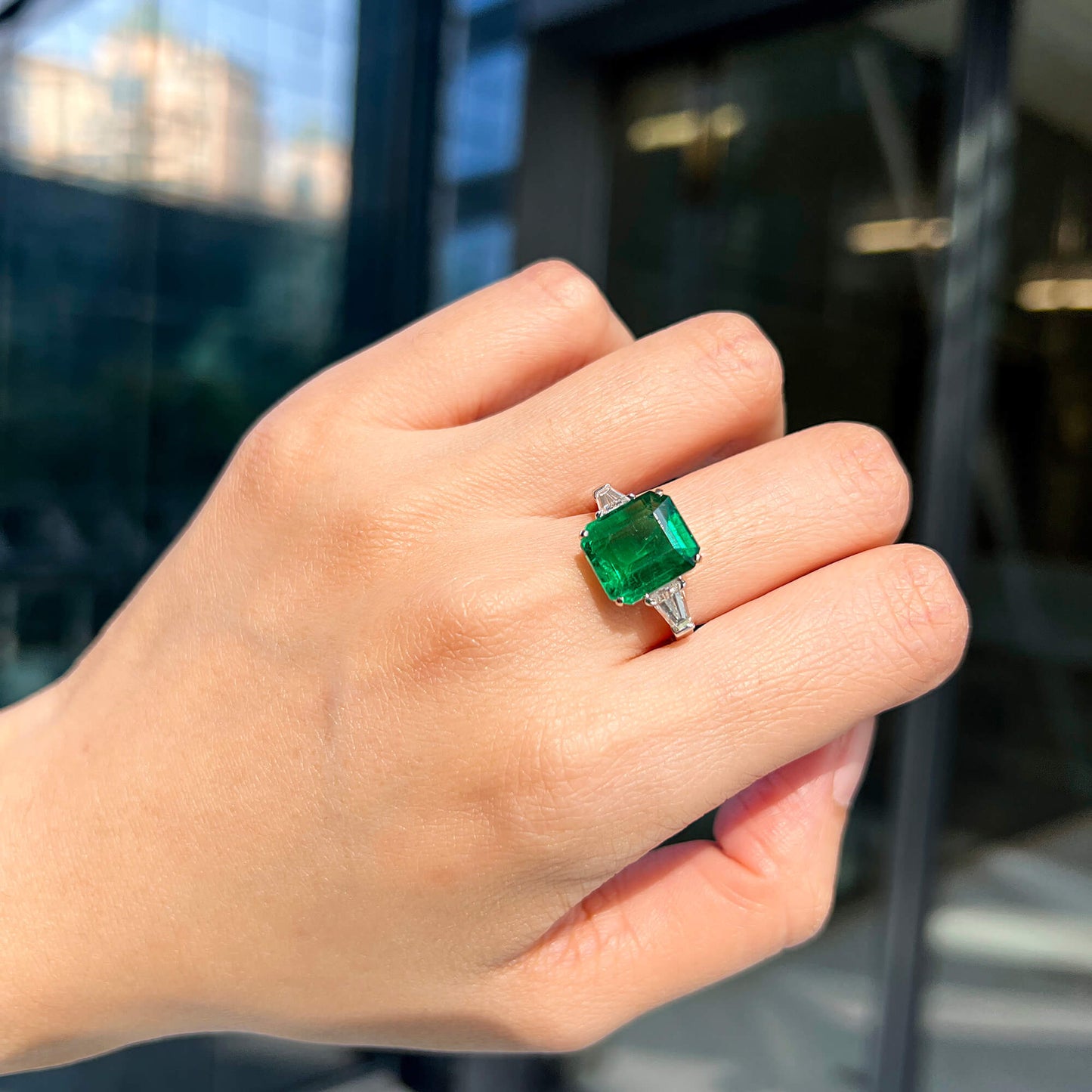 18K White Gold Statement Ring With 5.12 TCW Cushion Shape Natural Emerald, GRS Certified