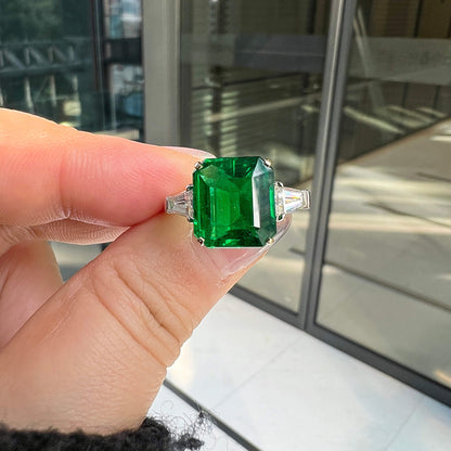 18K White Gold Statement Ring With 5.12 TCW Cushion Shape Natural Emerald, GRS Certified