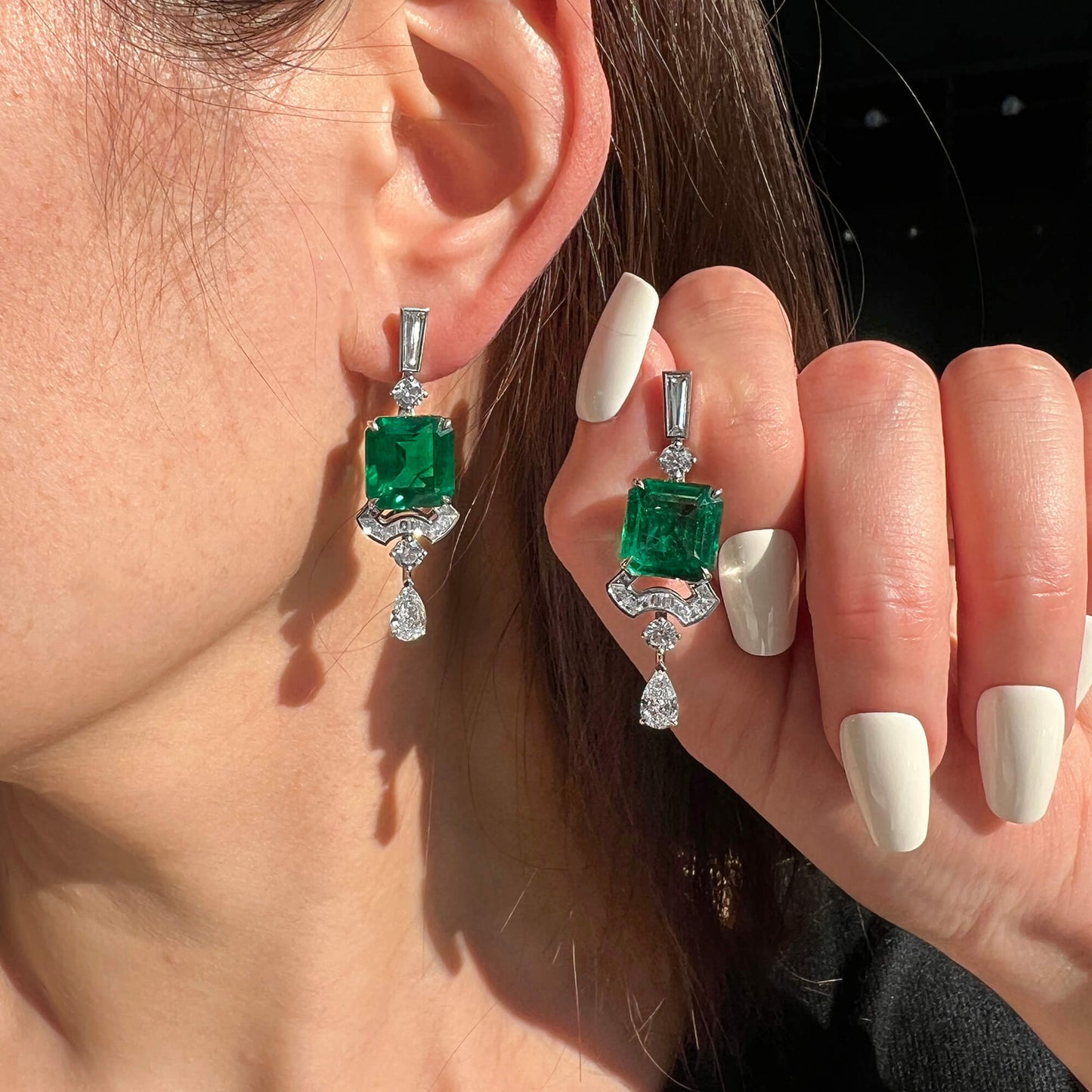 18K White Gold Statement Earrings With 15.45 TCW Emerald Shape Natural Emerald, GRS Certified