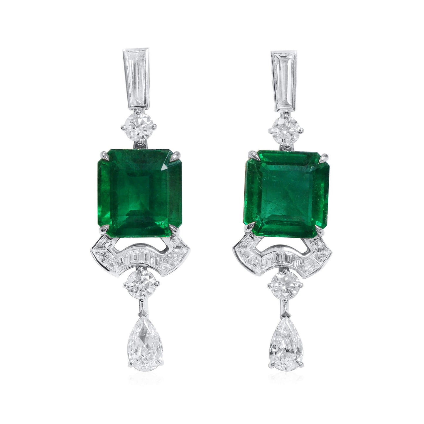 18K White Gold Statement Earrings With 15.45 TCW Emerald Shape Natural Emerald, GRS Certified