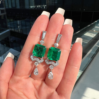 18K White Gold Statement Earrings With 15.45 TCW Emerald Shape Natural Emerald, GRS Certified