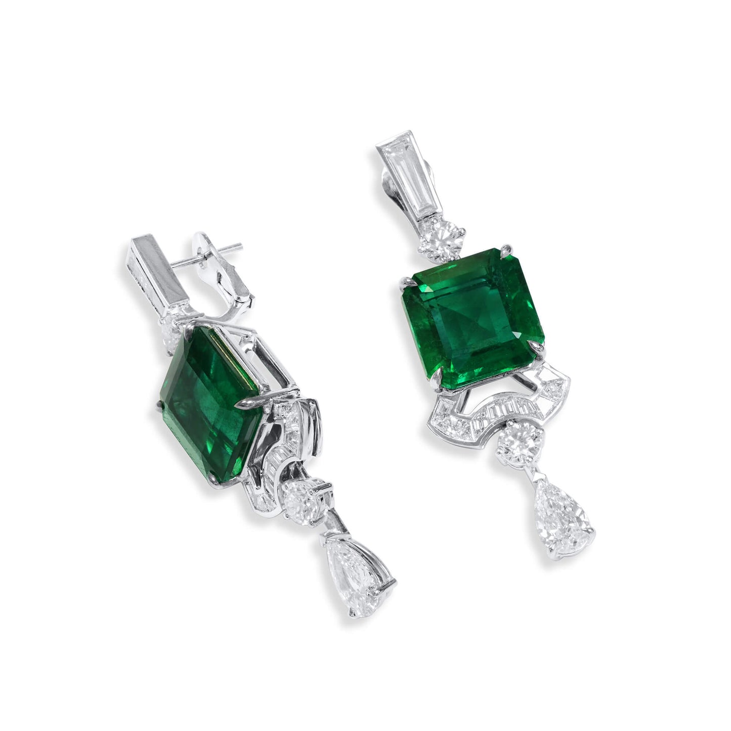 18K White Gold Statement Earrings With 15.45 TCW Emerald Shape Natural Emerald, GRS Certified