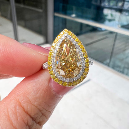 18K White & Yellow Gold Statement Ring With 2.55 TCW Yellow Pear Shape Natural Diamond, GIA Certified