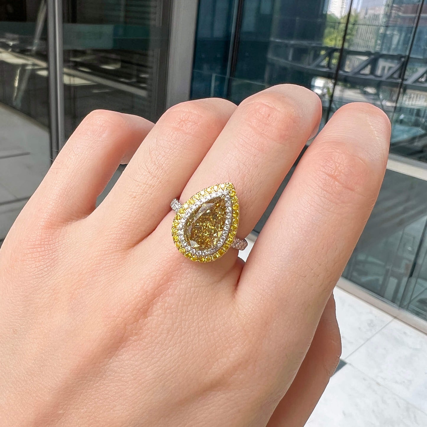 18K White & Yellow Gold Statement Ring With 2.55 TCW Yellow Pear Shape Natural Diamond, GIA Certified