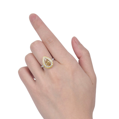 18K White & Yellow Gold Statement Ring With 2.55 TCW Yellow Pear Shape Natural Diamond, GIA Certified