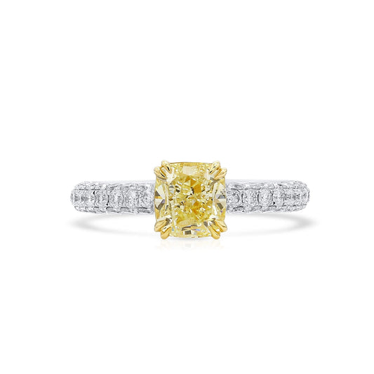 18K White & Yellow Gold Statement Ring With 1.52 TCW Yellow Cushion Shape Natural Diamond, GIA Certified